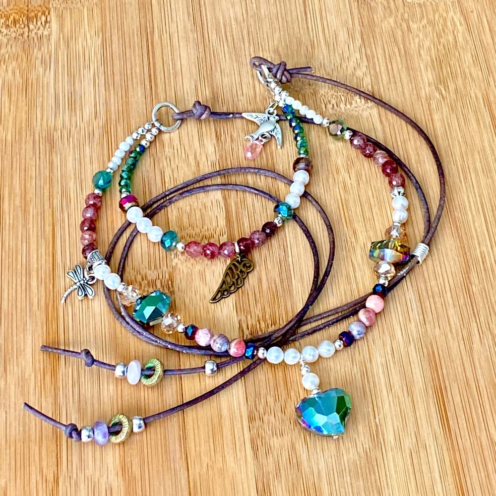 Beaded Necklace with Charms on Leather